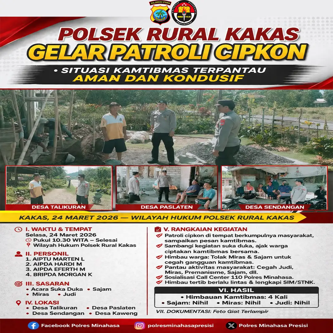 Polsek Rural Kakas Gelar Patroli Cipkon, Situasi Kamtibmas Terpantau Aman dan Kondusif